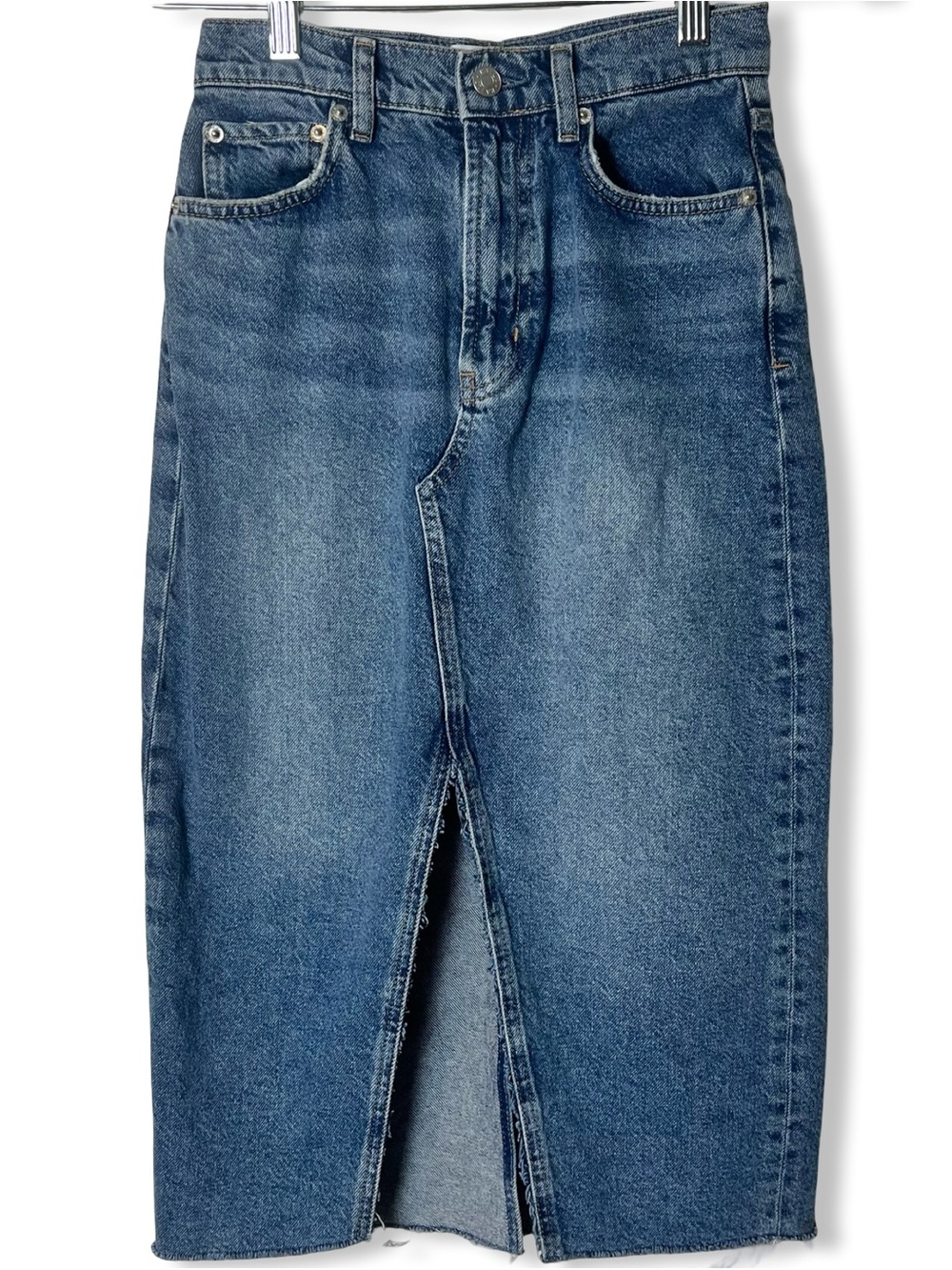 Rails Women’s Denim Midi Skirt Raw Hem Front Slit Medium Wash‎ Blue Sz. 23